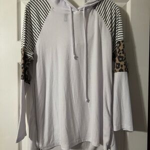 Printers White Hoodie with Striped and Leopard Sleeves